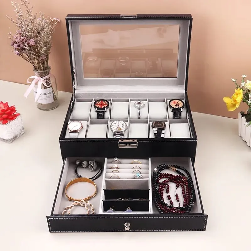 12X SLOTS DOUBLE LAYERS LEATHER WATCH STORAGE BOX