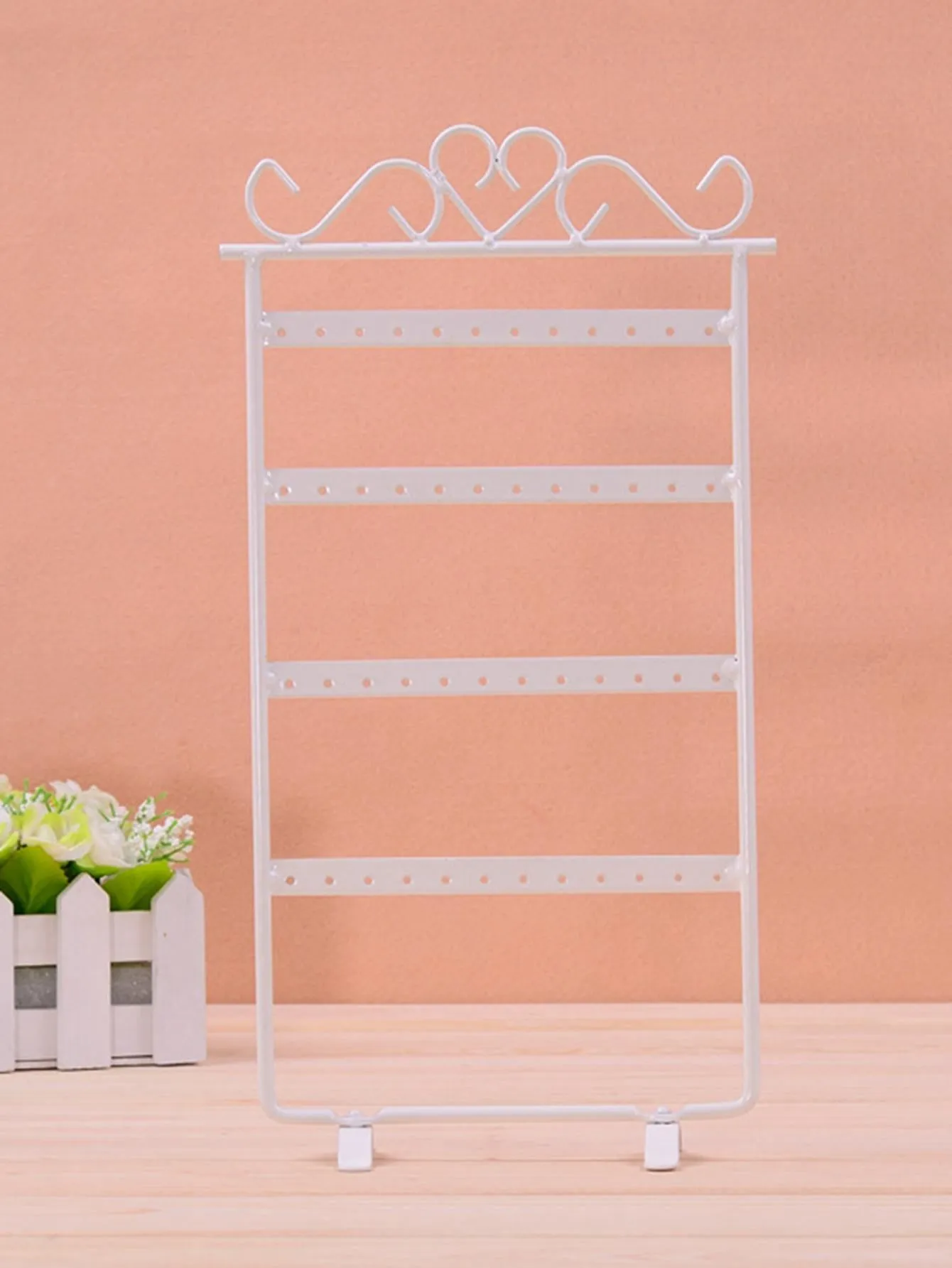 1pc Heart Decor Earrings Storage Rack, White Iron Multi Hole Jewelry Storage Rack For Household