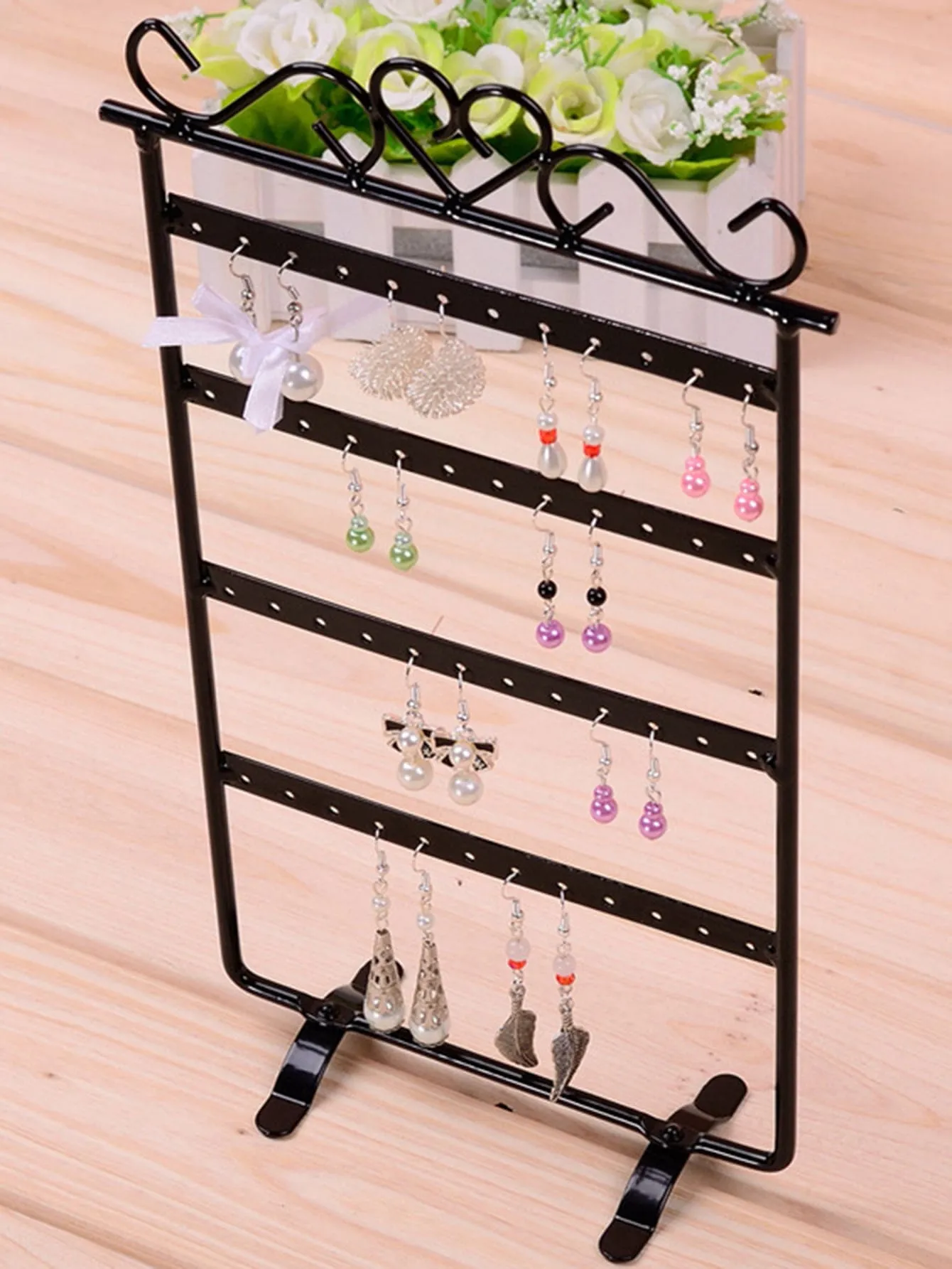 1pc Heart Decor Earrings Storage Rack, White Iron Multi Hole Jewelry Storage Rack For Household