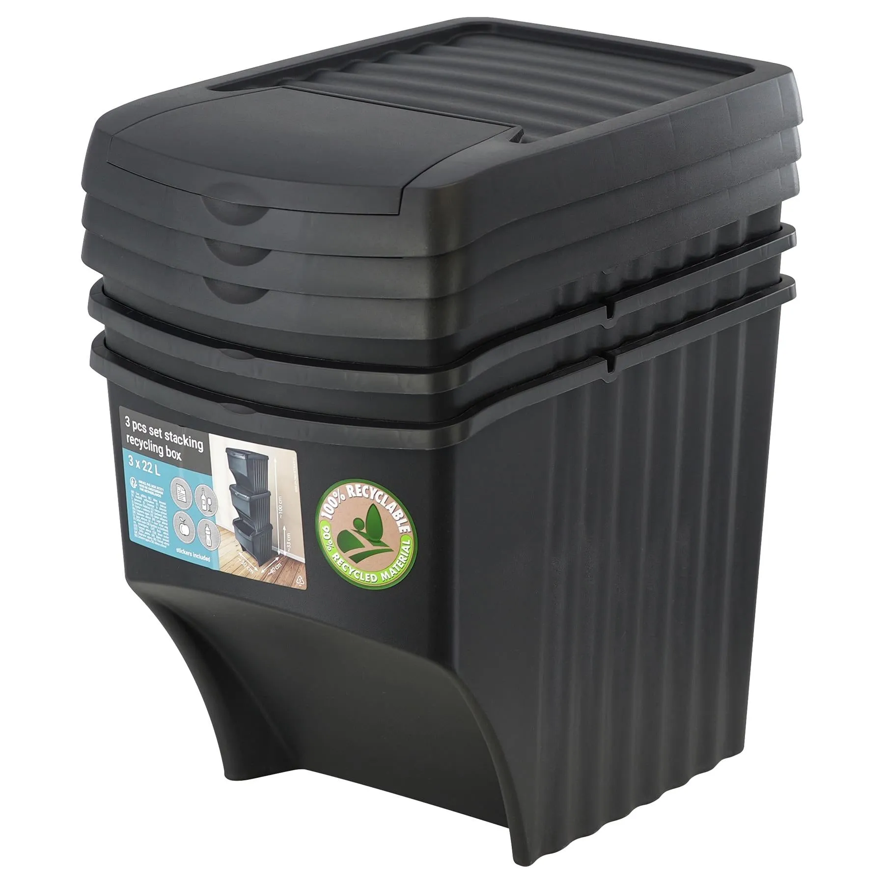 22 L set of 3 Large Plastic Waste Recycling Bin With Lids