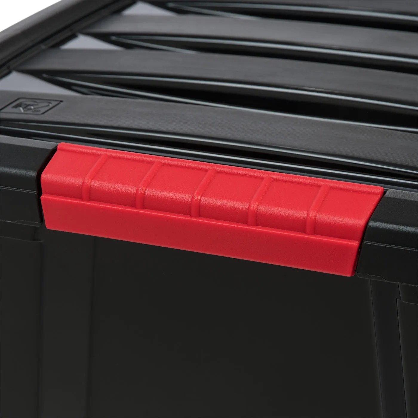 32 Qt. Plastic Storage Bin Tote Organizing Container with Durable Lid and Secure Latching Buckles, Stackable and Nestable, 4 Pack, Black with Red Buckle