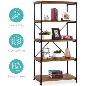 5-Tier Industrial Bookshelf w/ Metal Frame, Wood Shelves