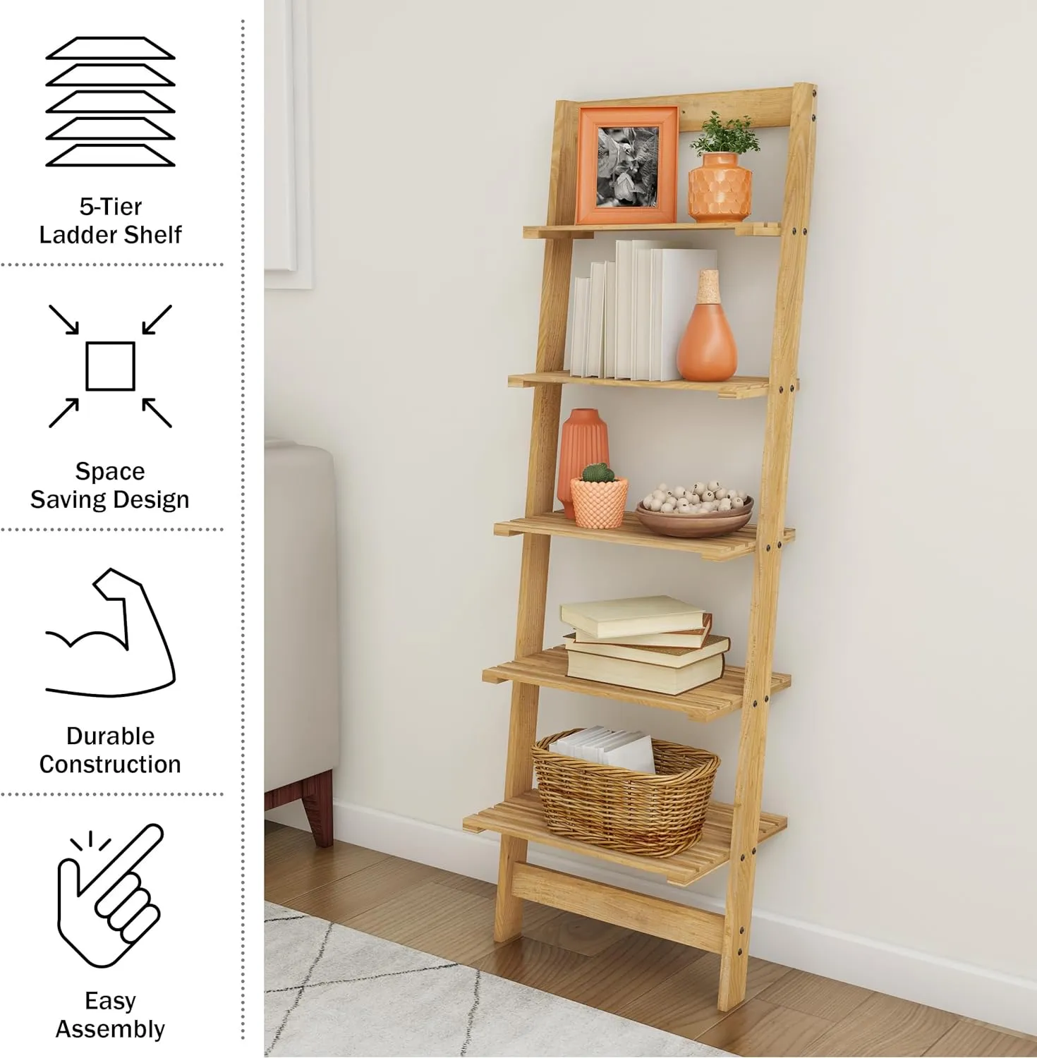 5 Tier Ladder Wooden Narrow Leaning Shelf, Oak