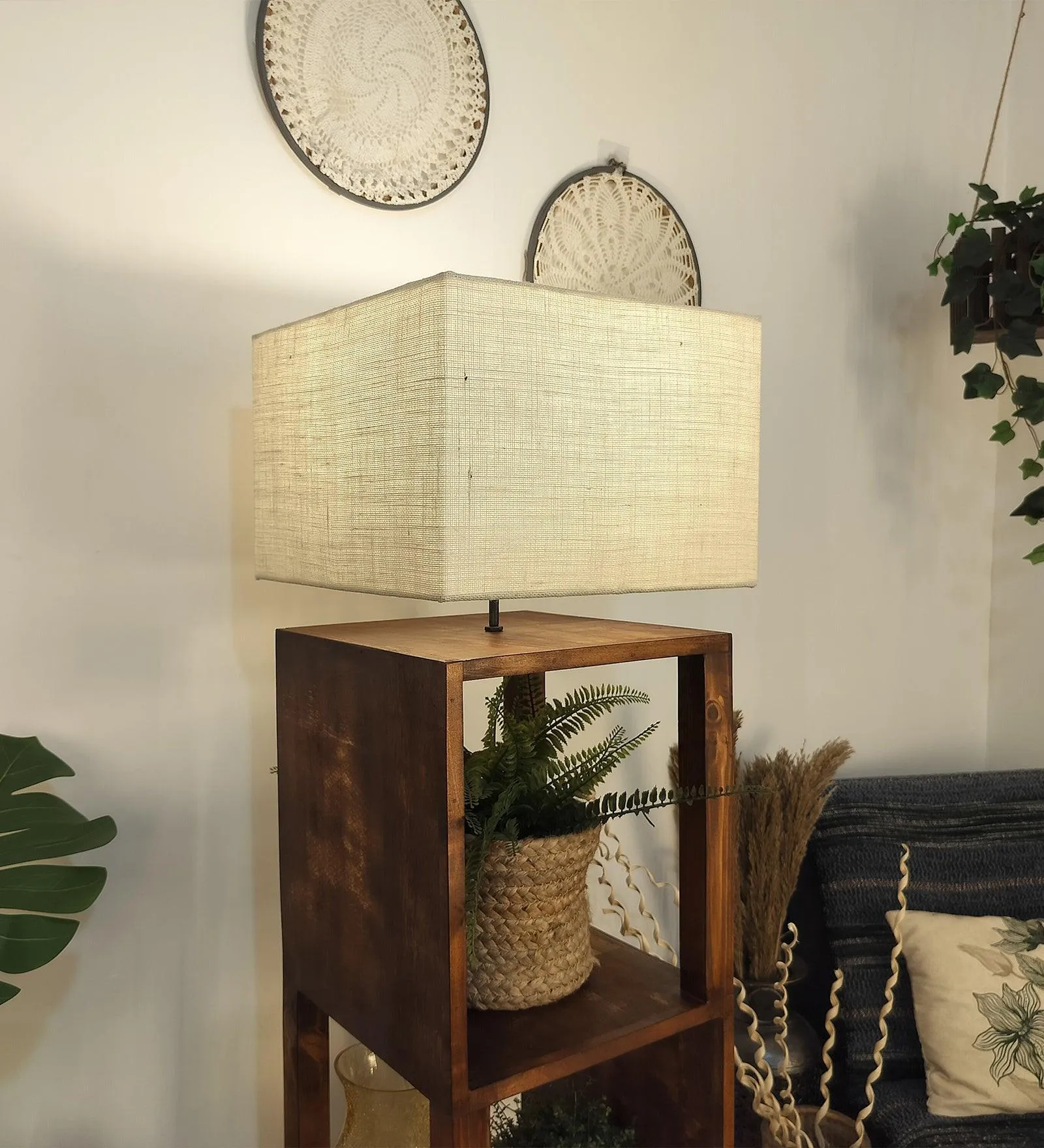 Agnes Wooden Floor Lamp with Brown Base and Jute Fabric Lampshade