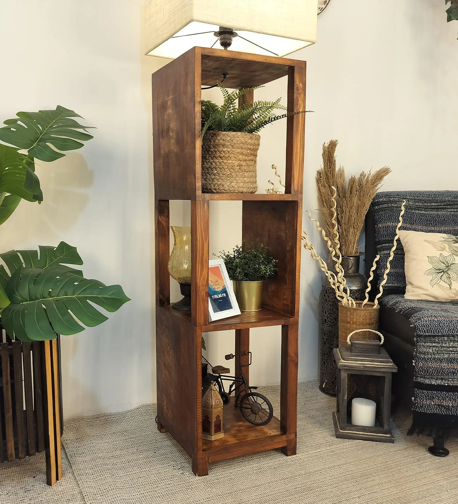 Agnes Wooden Floor Lamp with Brown Base and Jute Fabric Lampshade