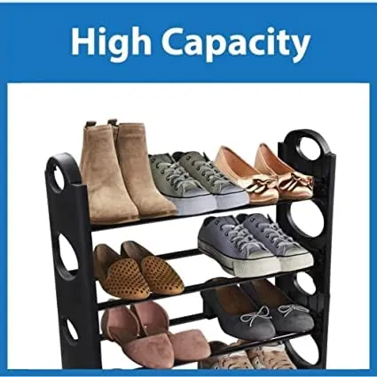 AKSUTI Multipurpose 4 Shelves Shoe Rack, Foldable,12 Pairs, Metal & Plastic (Rustproof, Black)| Multipurpose Portable Plastic Rack Shoes/Books/Clothes/Toys etc Easy to Assemble