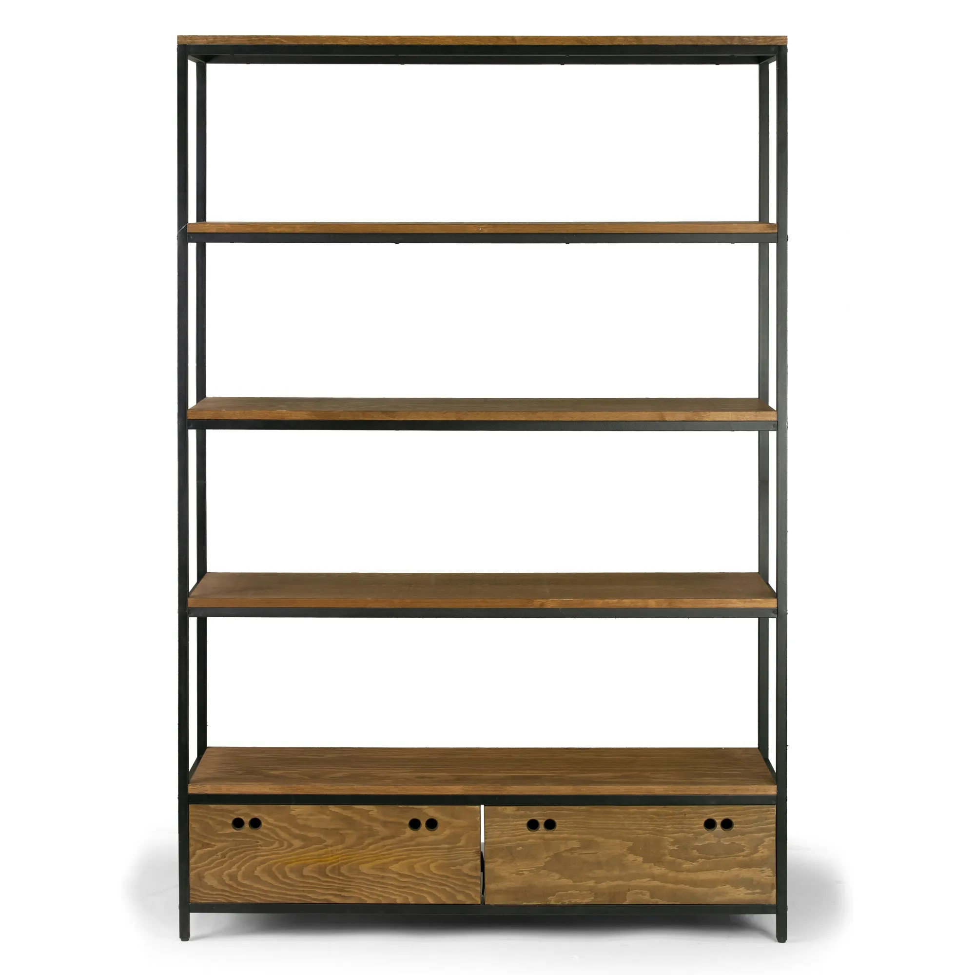 Alta Brown Pine Wood Display Shelf Etagere Metal Frame Bookcase with Drawers