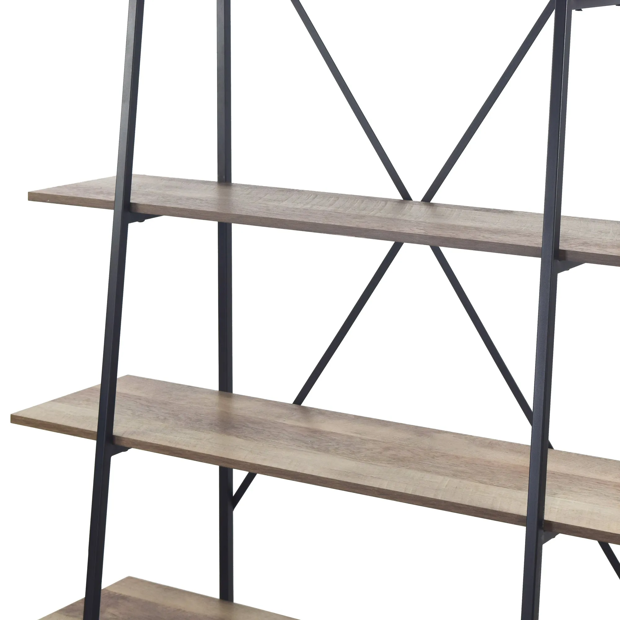 August 71.75 In. Leaning Etagere Light Brown Metal Frame Ladder Bookcase Five-shelf Media Tower