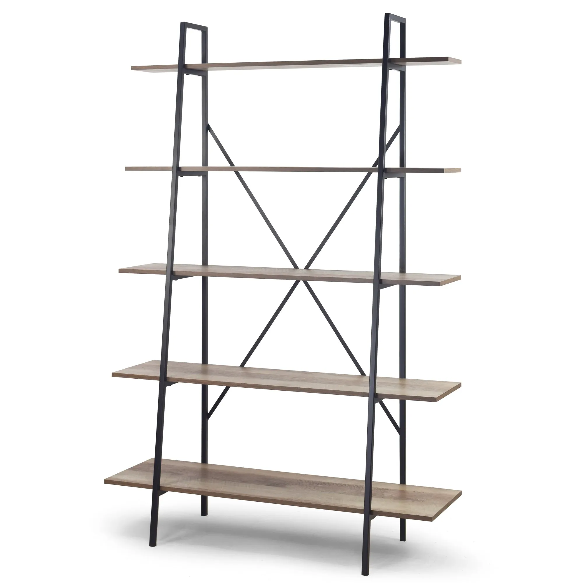 August 71.75 In. Leaning Etagere Light Brown Metal Frame Ladder Bookcase Five-shelf Media Tower