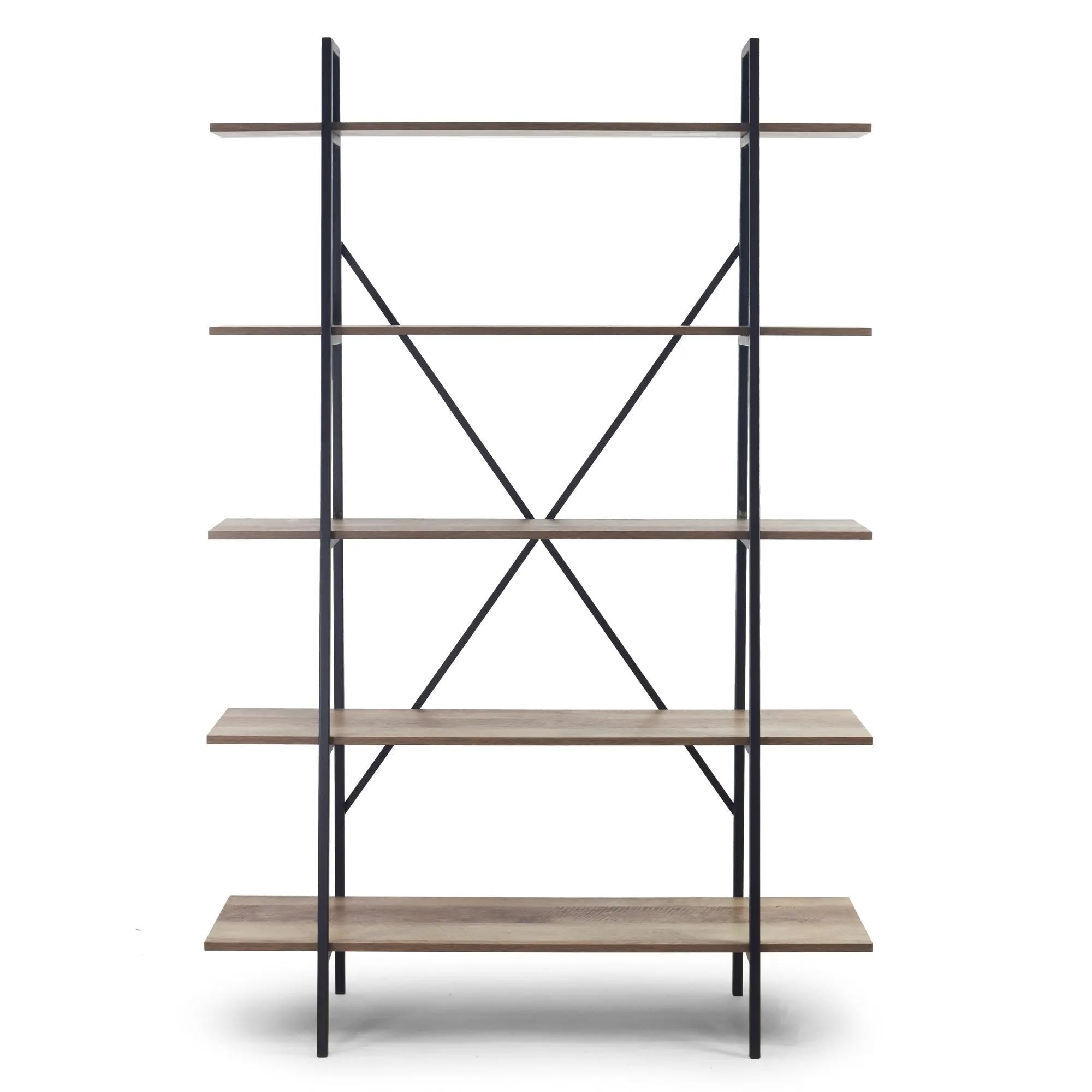 August 71.75 In. Leaning Etagere Light Brown Metal Frame Ladder Bookcase Five-shelf Media Tower