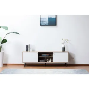 Aurora Light Brown Wood Finish TV Stand with 2 White Cabinets and Modular Shelves