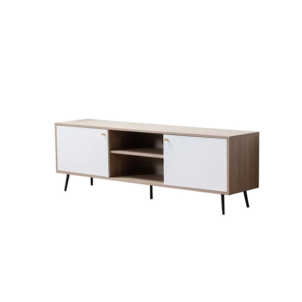 Aurora Light Brown Wood Finish TV Stand with 2 White Cabinets and Modular Shelves