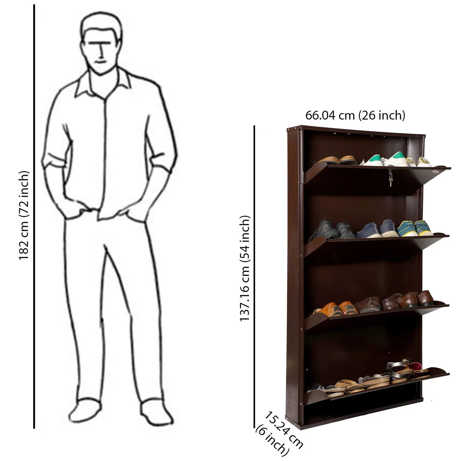 Babbar Steel 26 Inches Wide 4 Door Powder Coated Wall Mounted Metallic Shoe Rack (Brown,4 Shelves)