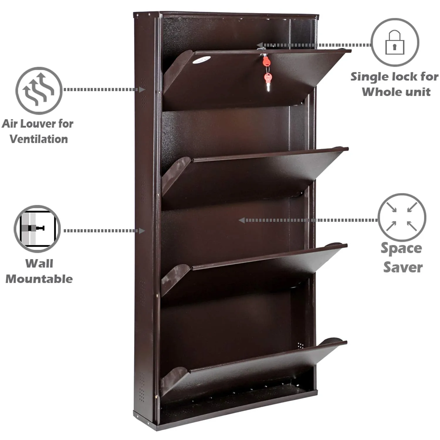 Babbar Steel 26 Inches Wide 4 Door Powder Coated Wall Mounted Metallic Shoe Rack (Brown,4 Shelves)