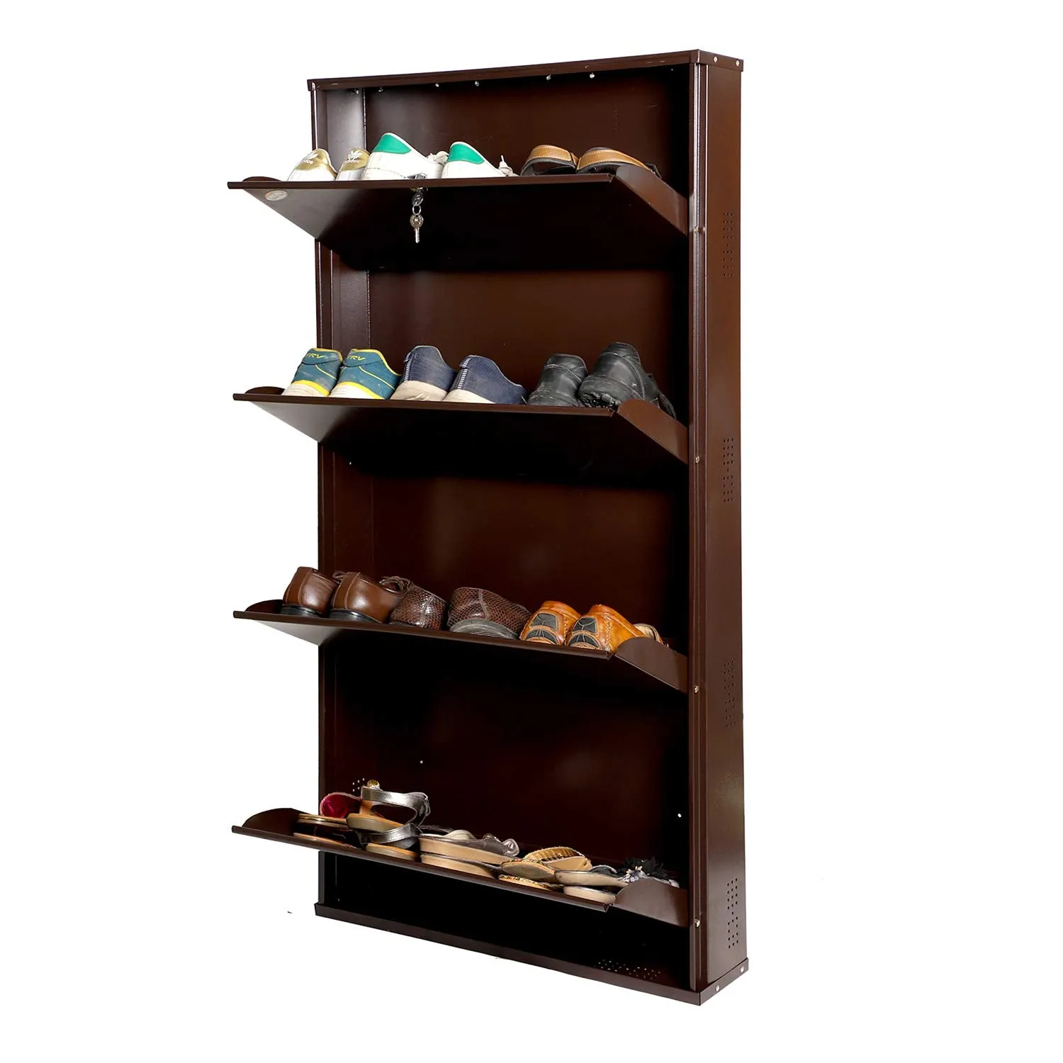 Babbar Steel 26 Inches Wide 4 Door Powder Coated Wall Mounted Metallic Shoe Rack (Brown,4 Shelves)