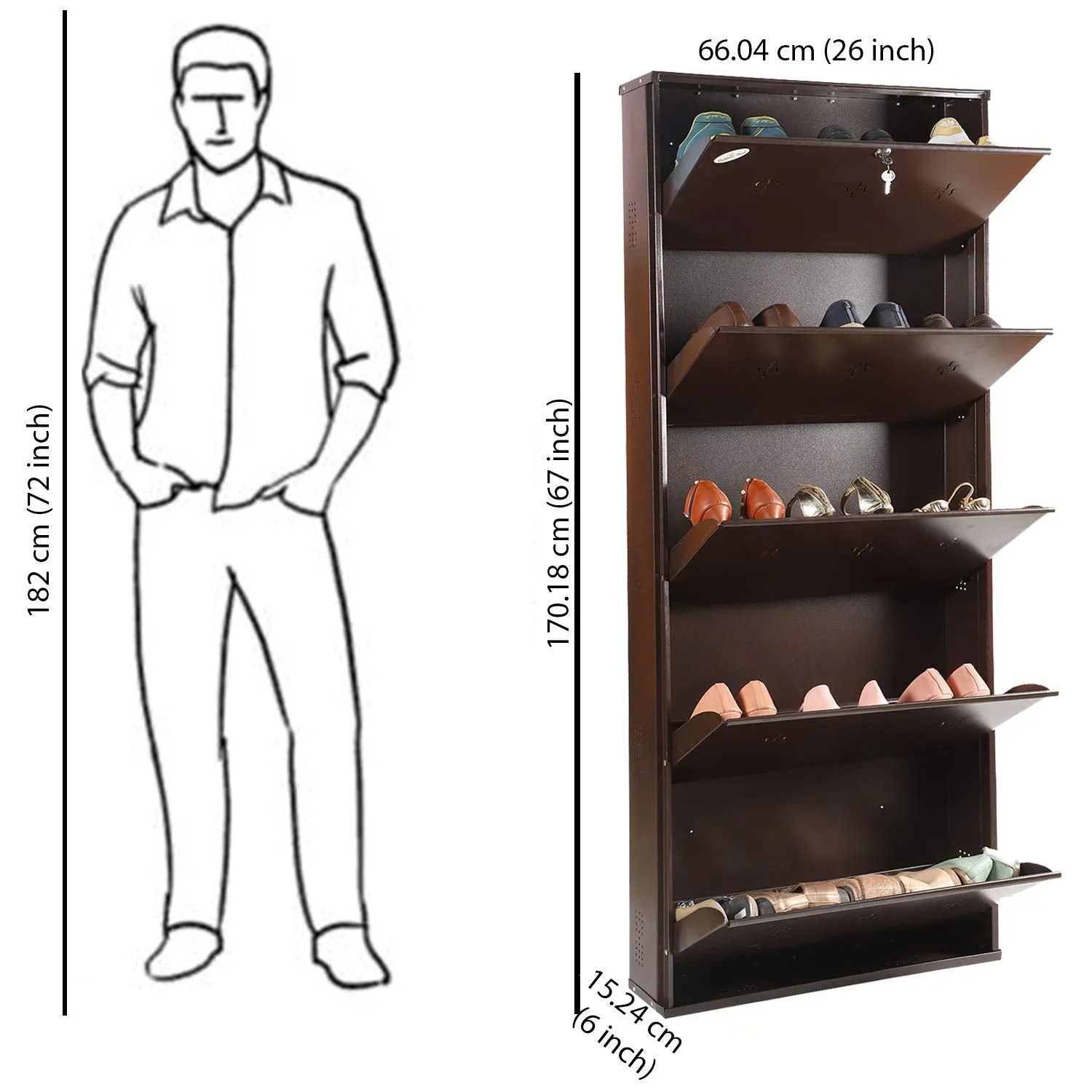 Babbar Steel 26 Inches Wide 5 Door Powder Coated Wall Mounted Metallic Shoe Rack (Brown,5 Shelves)