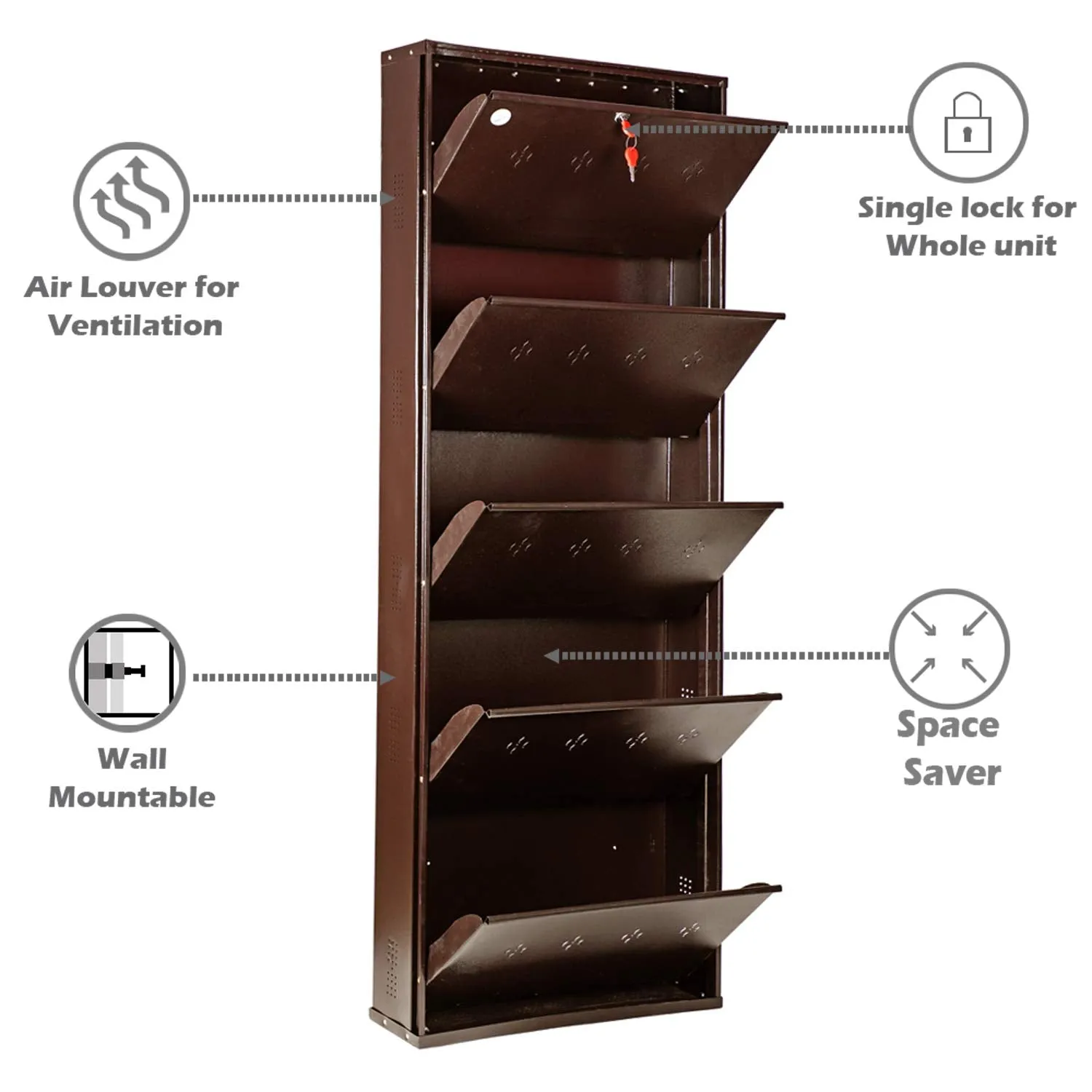 Babbar Steel 26 Inches Wide 5 Door Powder Coated Wall Mounted Metallic Shoe Rack (Brown,5 Shelves)