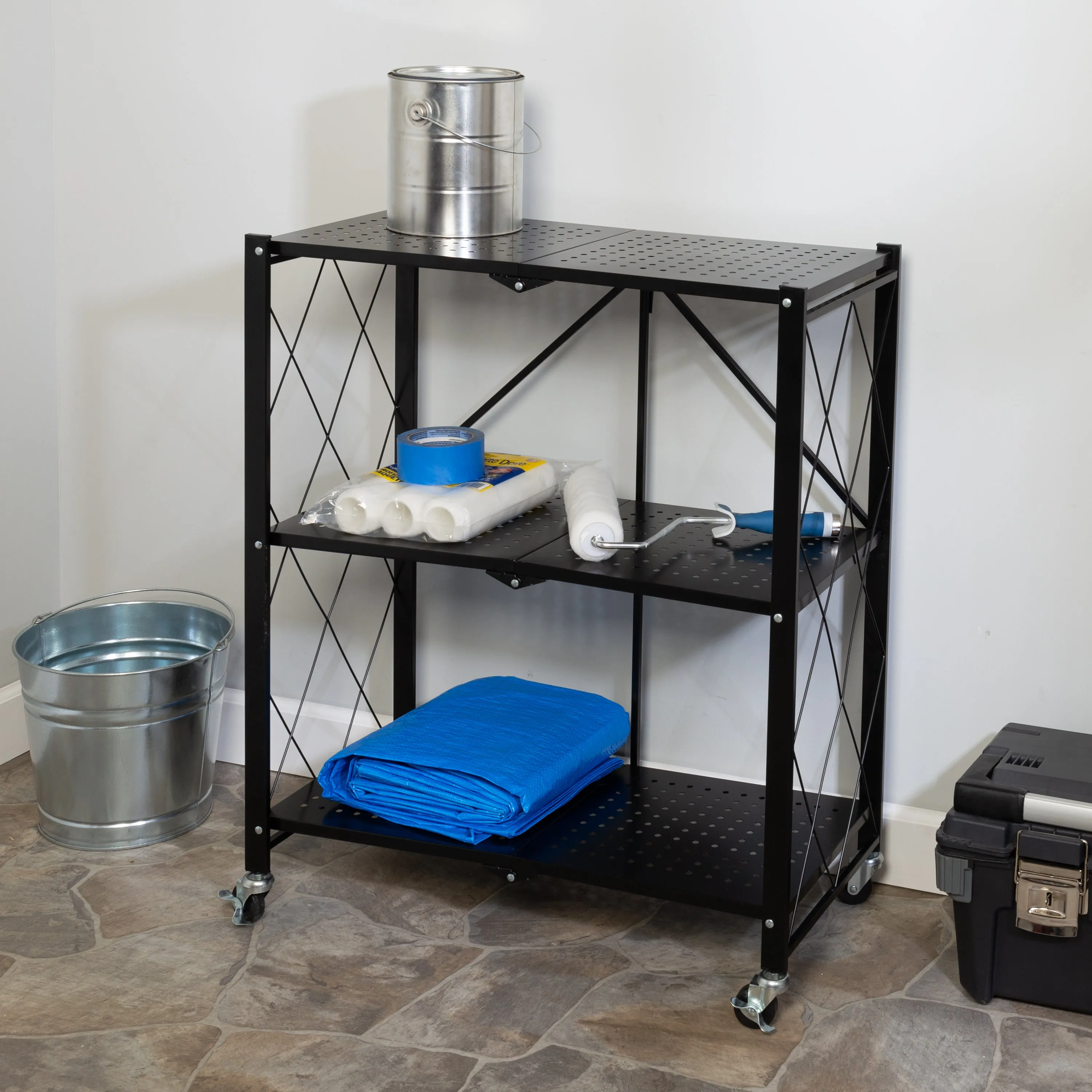 Black Folding 3-Tier Metal Rolling Shelf