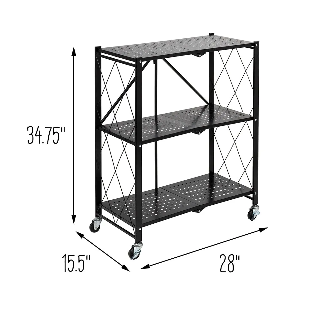 Black Folding 3-Tier Metal Rolling Shelf