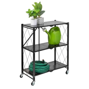 Black Folding 3-Tier Metal Rolling Shelf