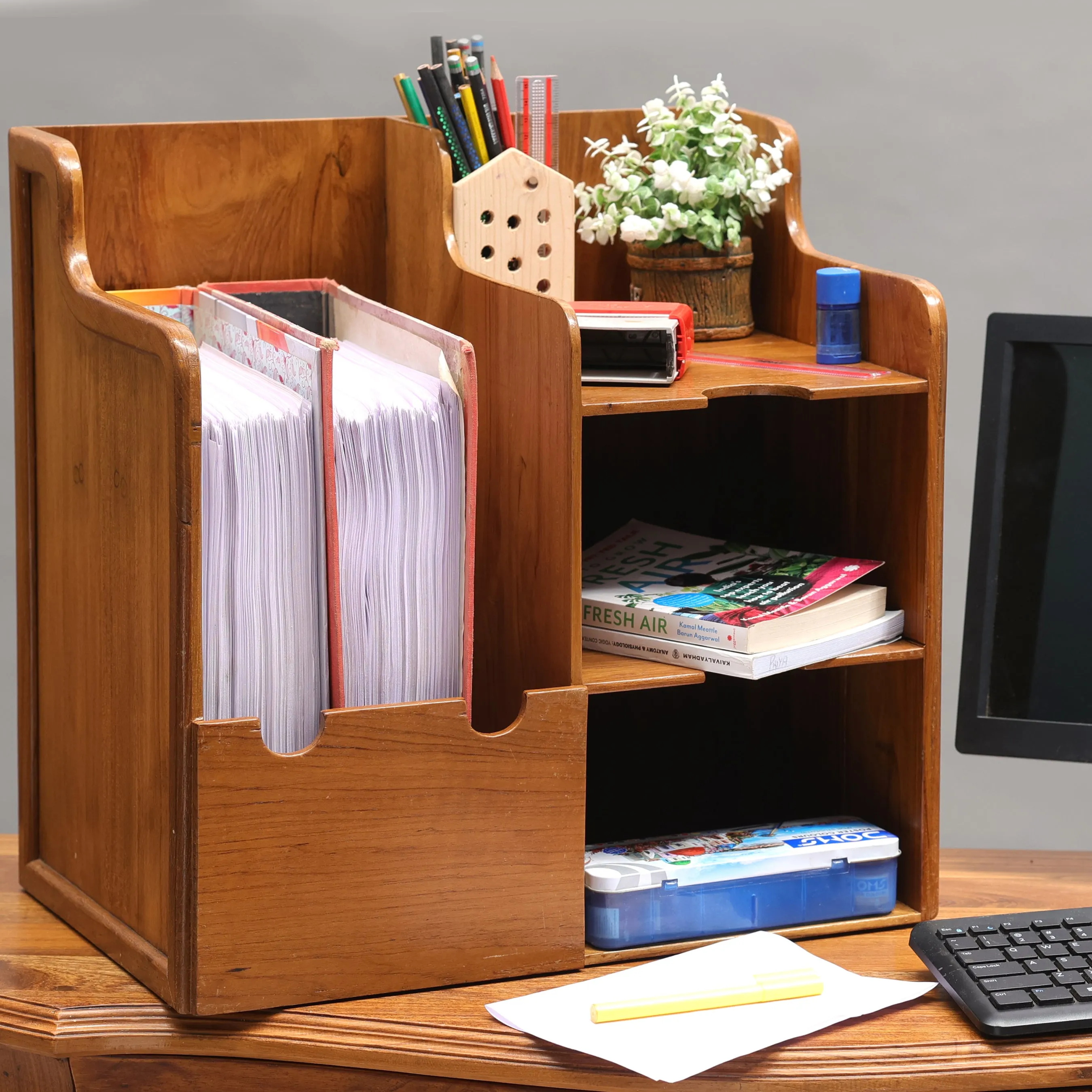 Classic Wooden Multistorage File Rack (Natural Tone)