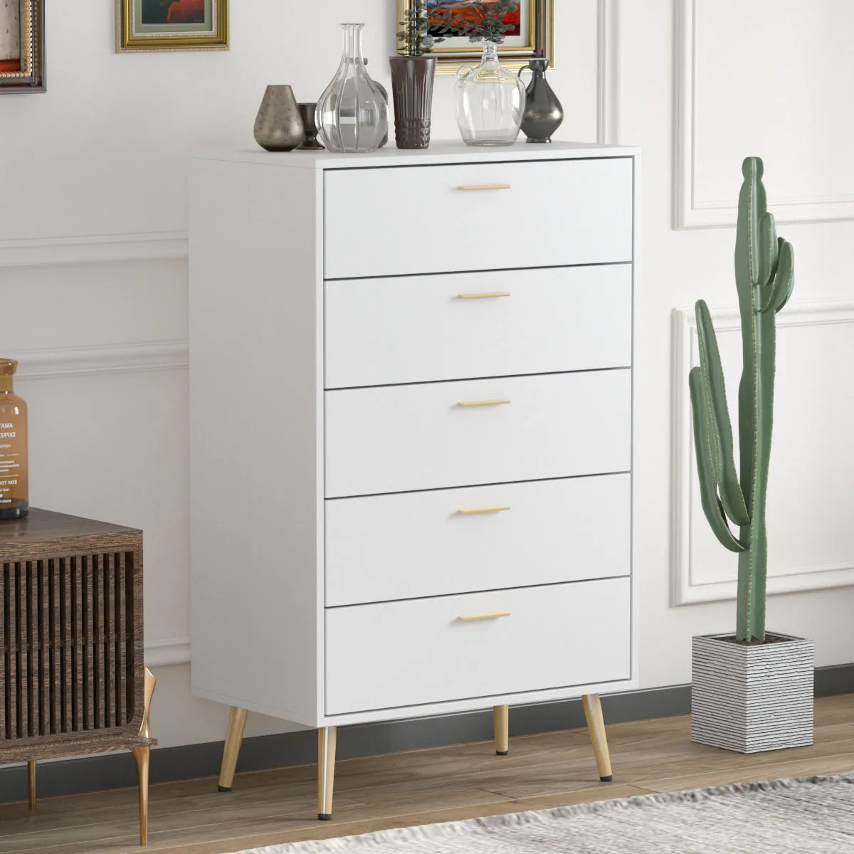 Contemporary Chest Cabinet Versatile Dresser with 5 Large Storage Space Drawers