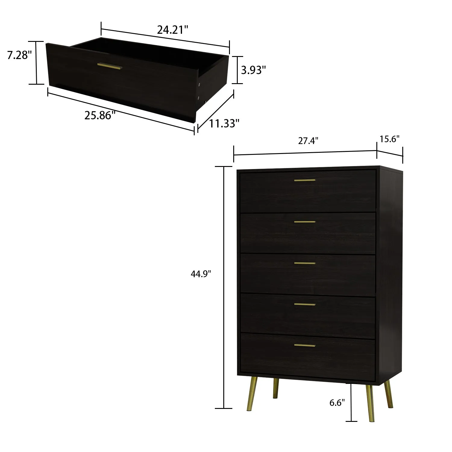 Contemporary Chest Cabinet Versatile Dresser with 5 Large Storage Space Drawers