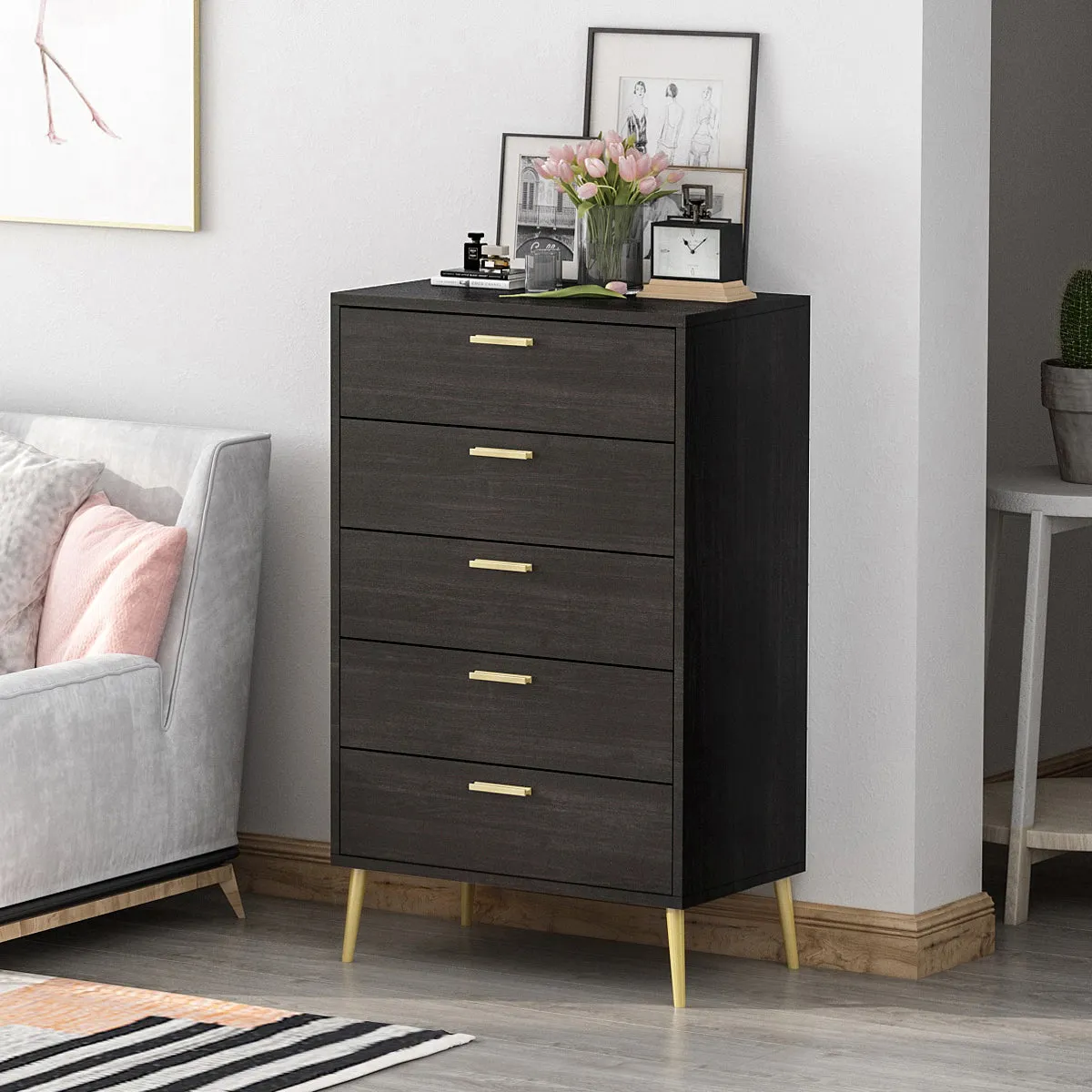 Contemporary Chest Cabinet Versatile Dresser with 5 Large Storage Space Drawers