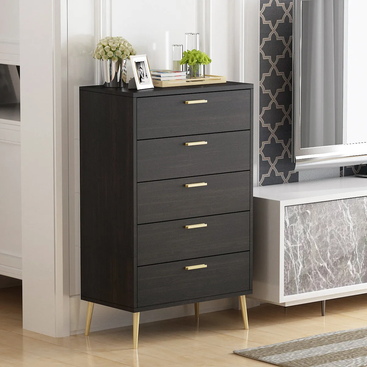 Contemporary Chest Cabinet Versatile Dresser with 5 Large Storage Space Drawers