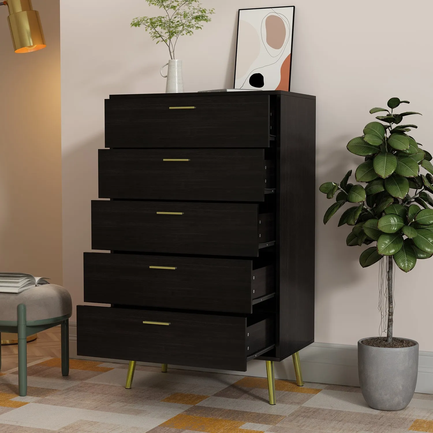 Contemporary Chest Cabinet Versatile Dresser with 5 Large Storage Space Drawers