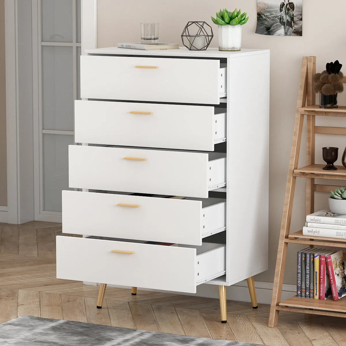 Contemporary Chest Cabinet Versatile Dresser with 5 Large Storage Space Drawers