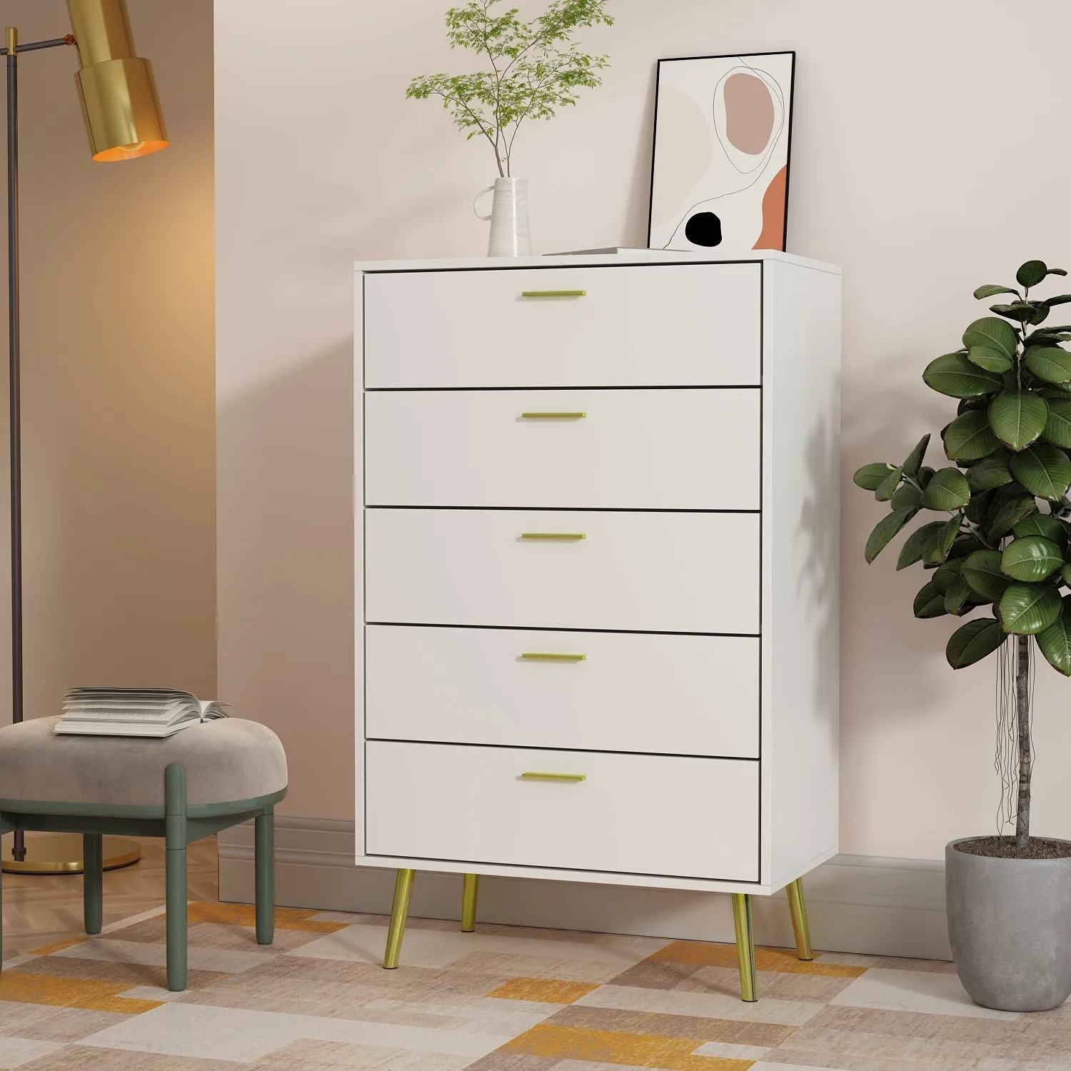 Contemporary Chest Cabinet Versatile Dresser with 5 Large Storage Space Drawers