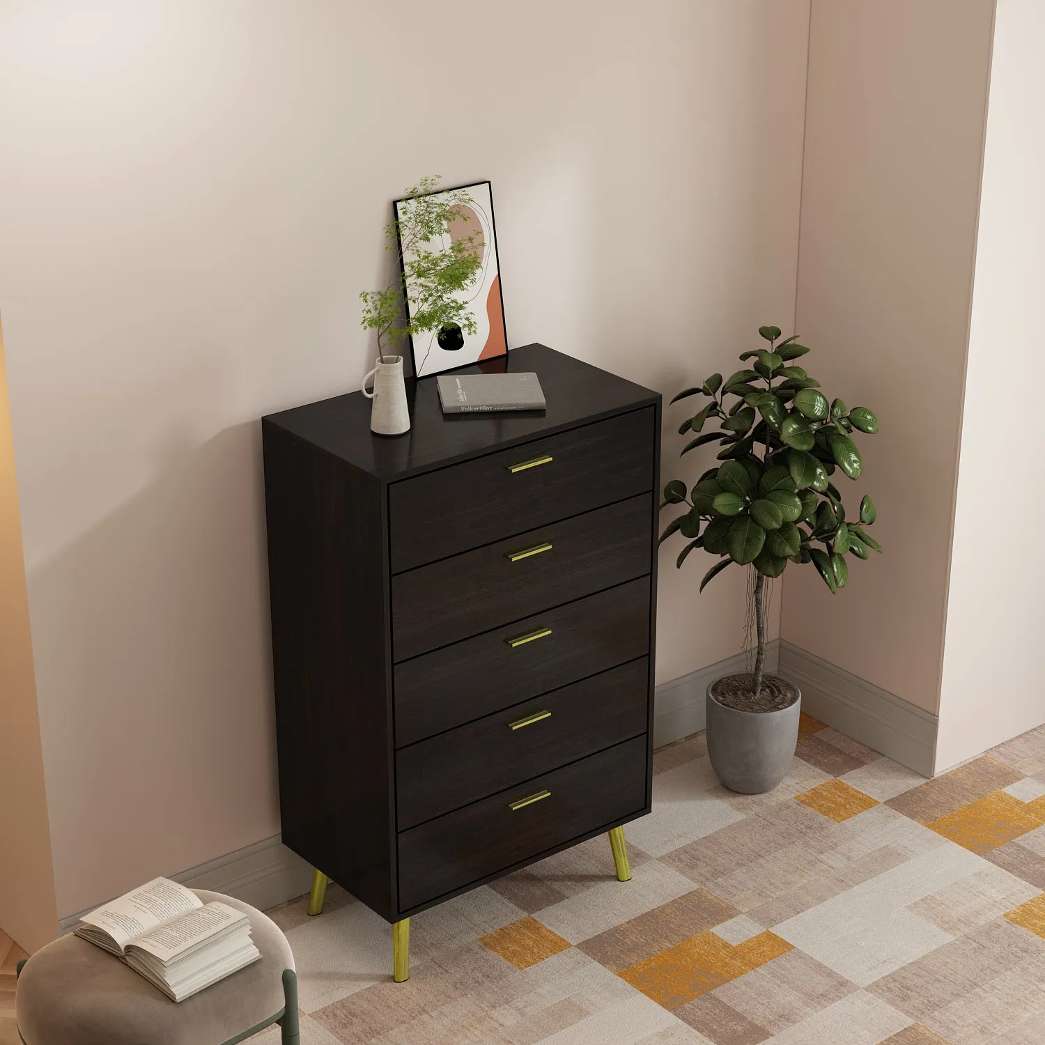 Contemporary Chest Cabinet Versatile Dresser with 5 Large Storage Space Drawers