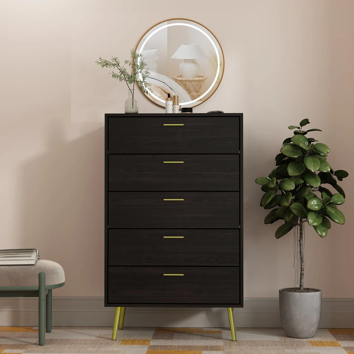 Contemporary Chest Cabinet Versatile Dresser with 5 Large Storage Space Drawers