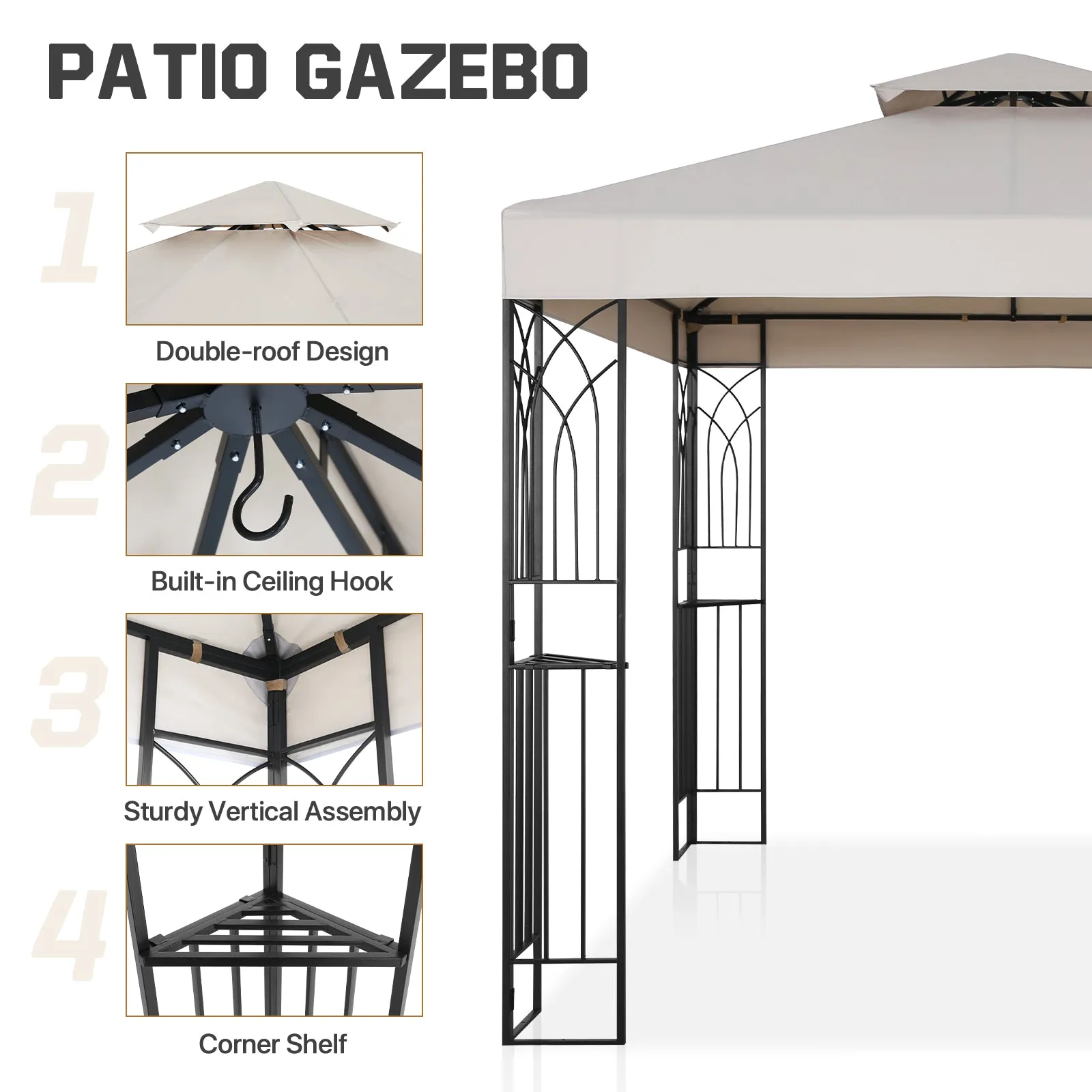 COOS BAY 8x8 Outdoor Patio Gazebo with Corner Shelves, Two-Tier Soft Top Canopy with Drain Hole