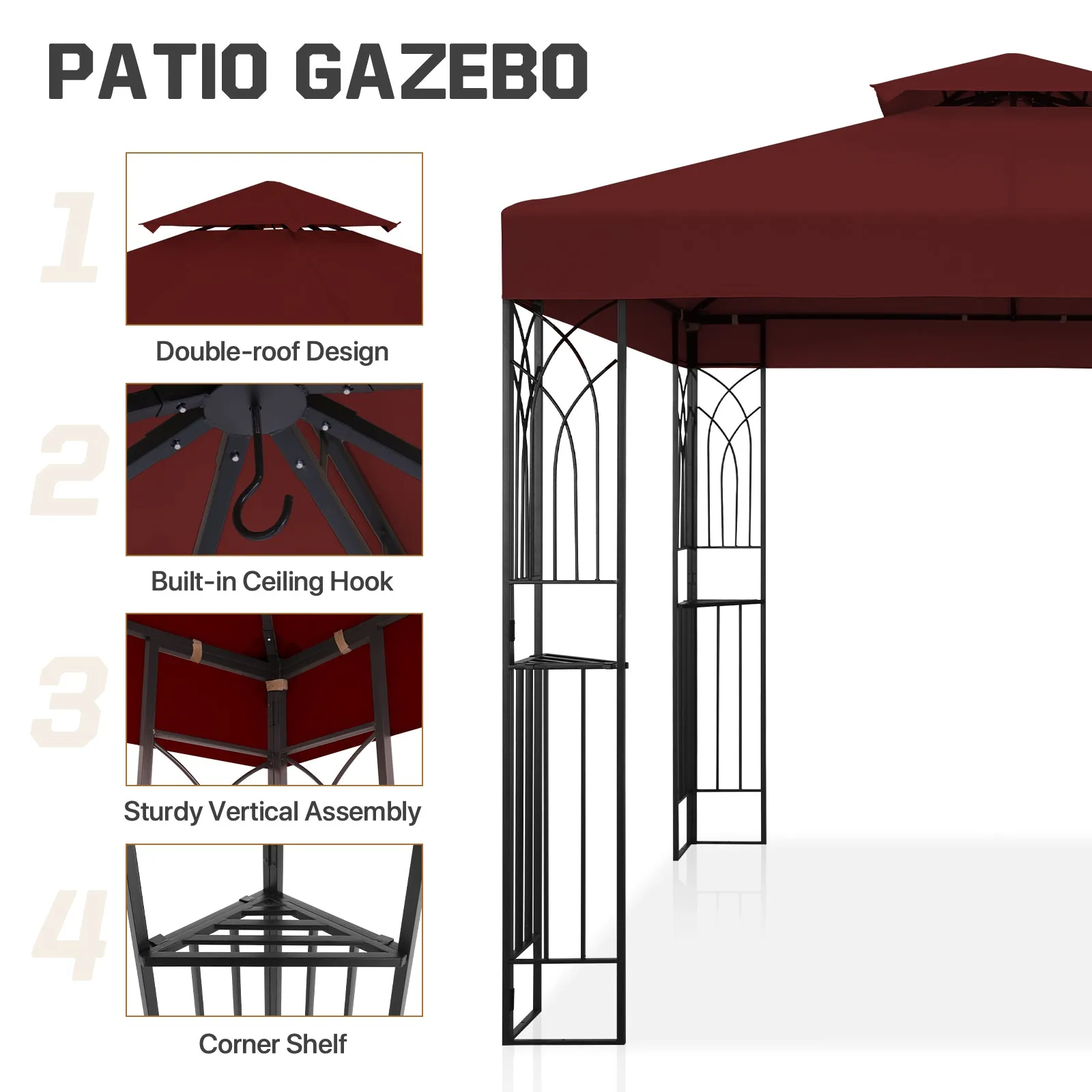 COOS BAY 8x8 Outdoor Patio Gazebo with Corner Shelves, Two-Tier Soft Top Canopy with Drain Hole