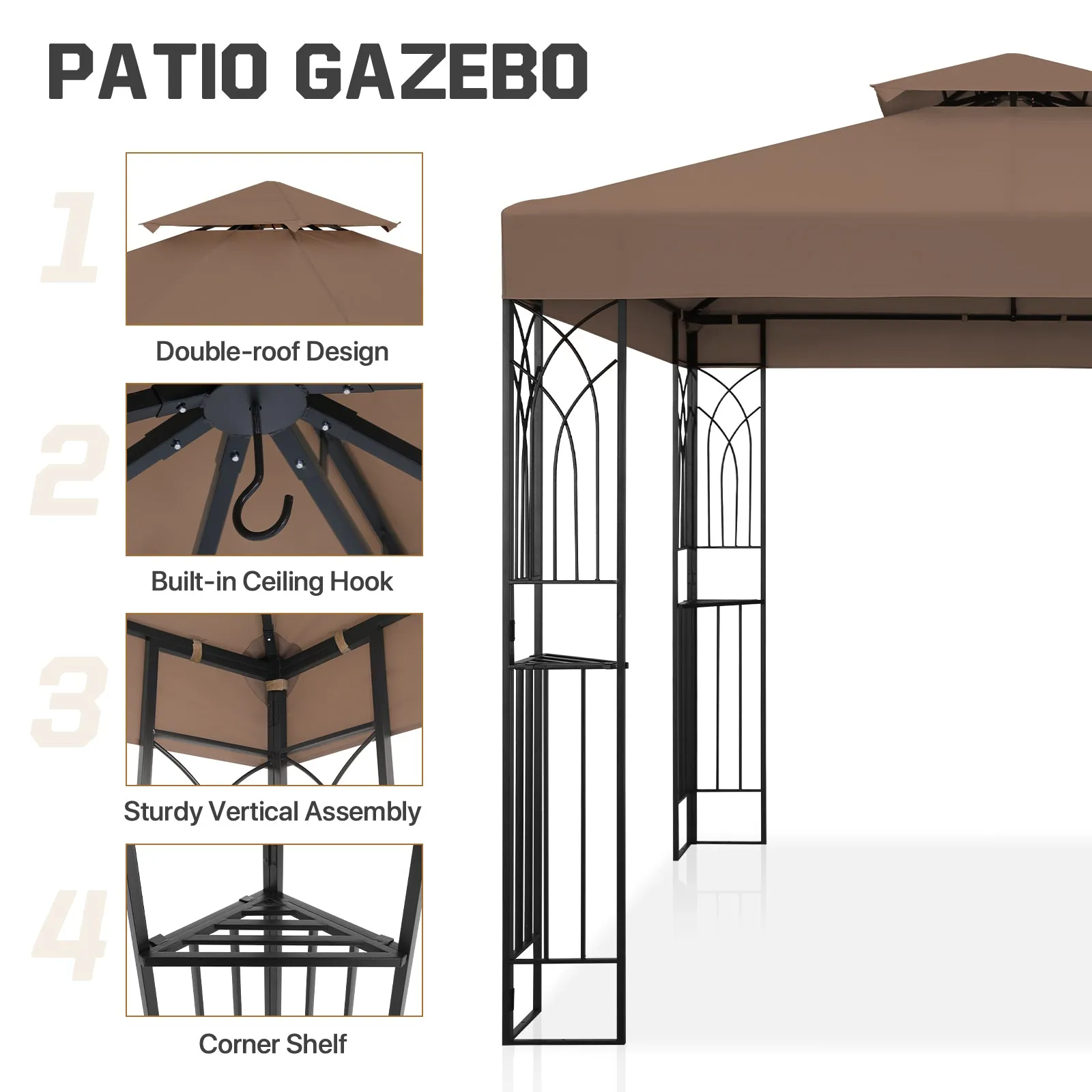 COOS BAY 8x8 Outdoor Patio Gazebo with Corner Shelves, Two-Tier Soft Top Canopy with Drain Hole