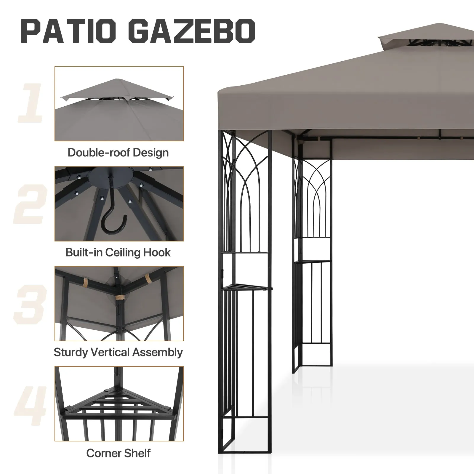 COOS BAY 8x8 Outdoor Patio Gazebo with Corner Shelves, Two-Tier Soft Top Canopy with Drain Hole