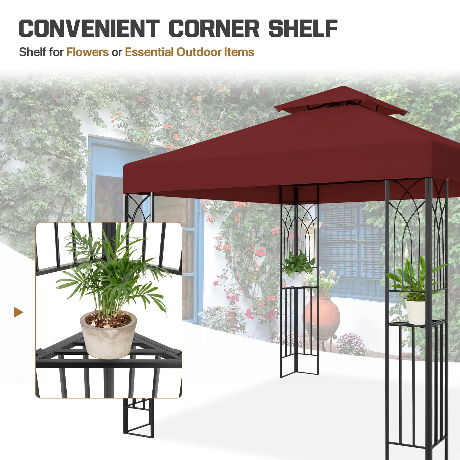 COOS BAY 8x8 Outdoor Patio Gazebo with Corner Shelves, Two-Tier Soft Top Canopy with Drain Hole