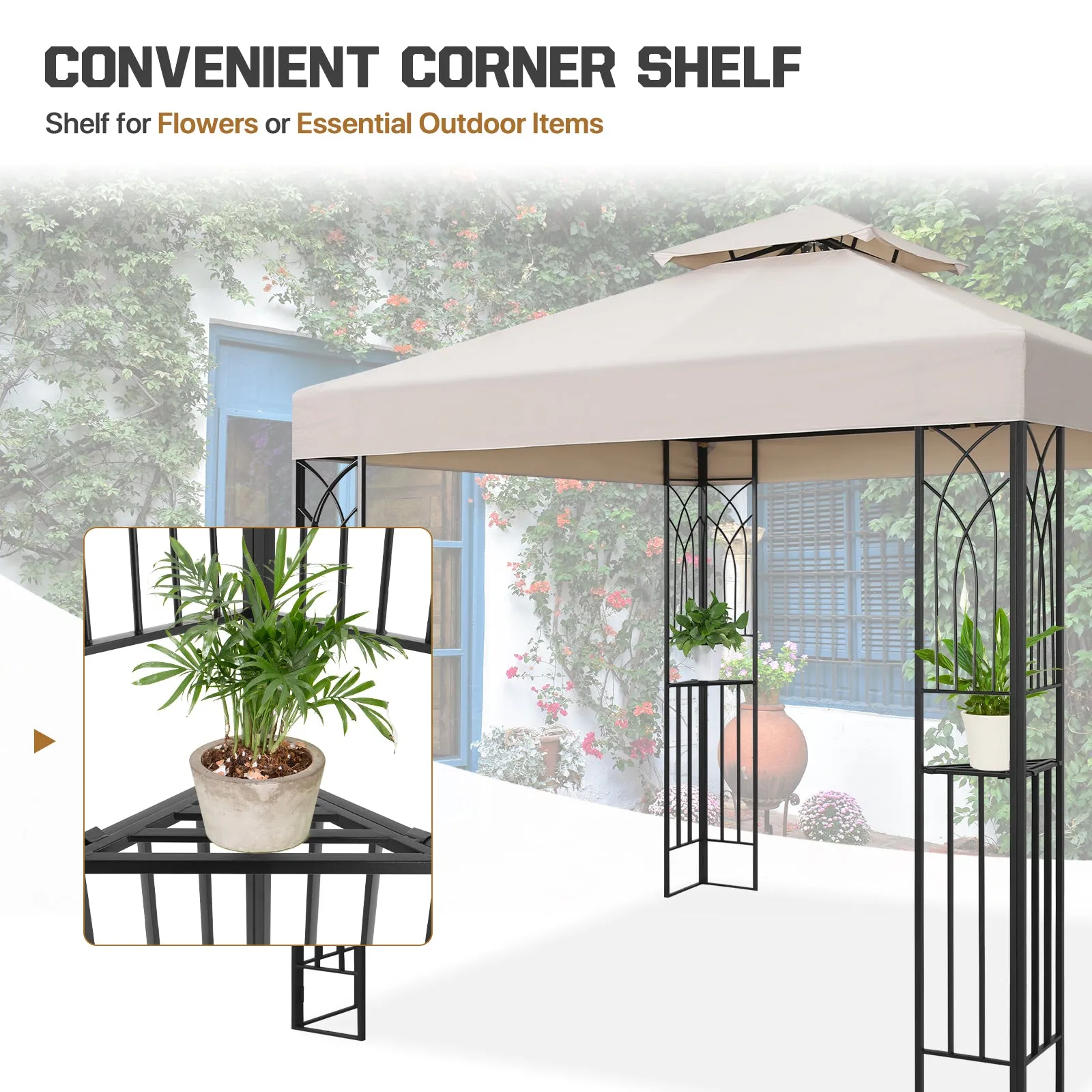 COOS BAY 8x8 Outdoor Patio Gazebo with Corner Shelves, Two-Tier Soft Top Canopy with Drain Hole