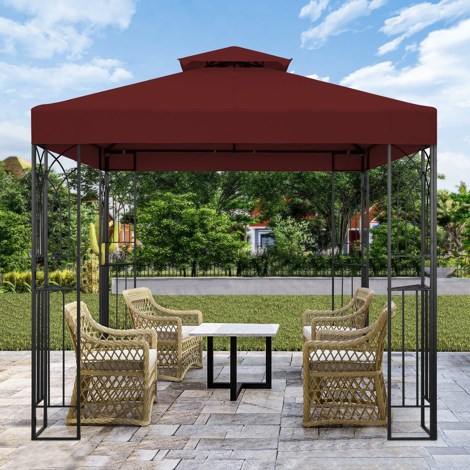 COOS BAY 8x8 Outdoor Patio Gazebo with Corner Shelves, Two-Tier Soft Top Canopy with Drain Hole