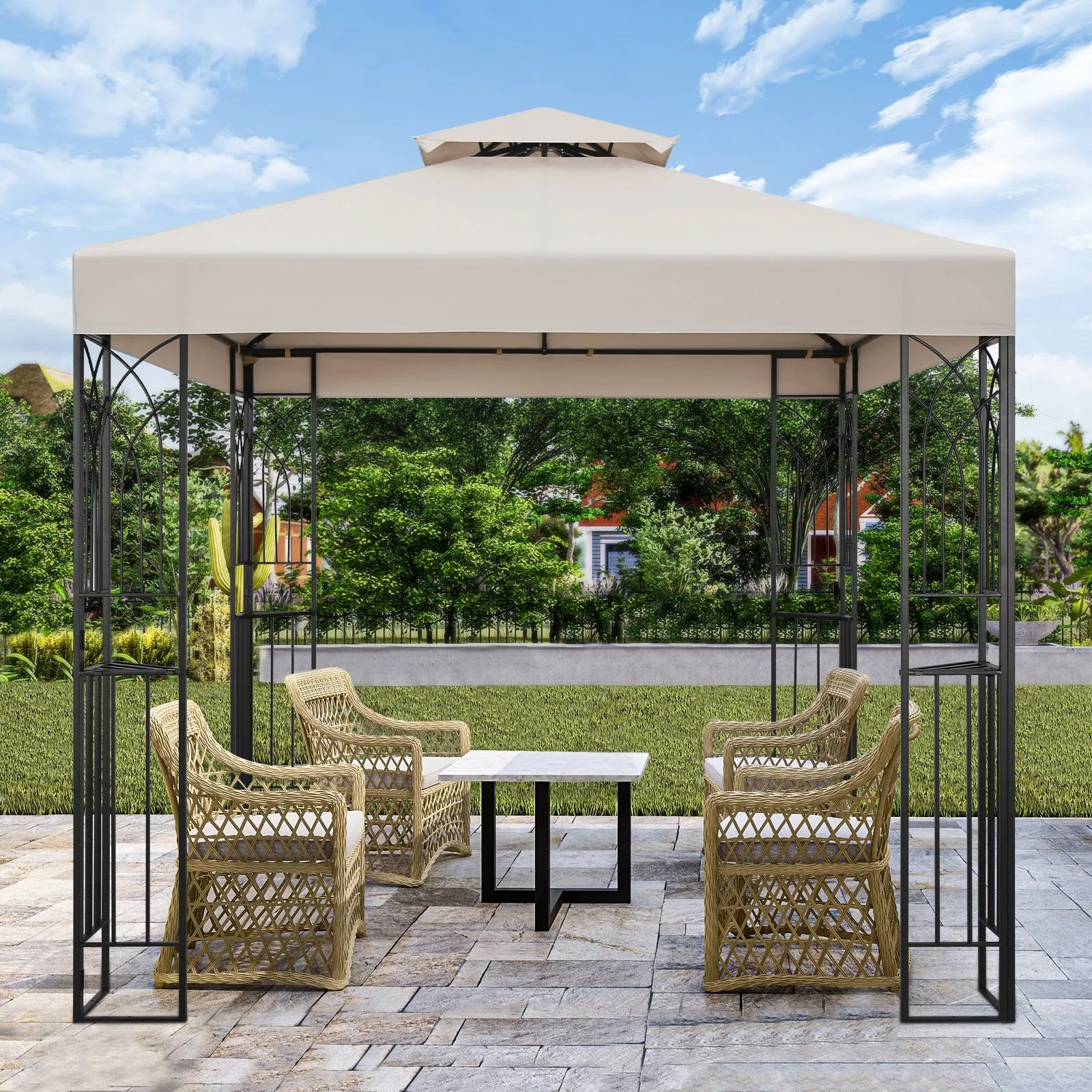 COOS BAY 8x8 Outdoor Patio Gazebo with Corner Shelves, Two-Tier Soft Top Canopy with Drain Hole