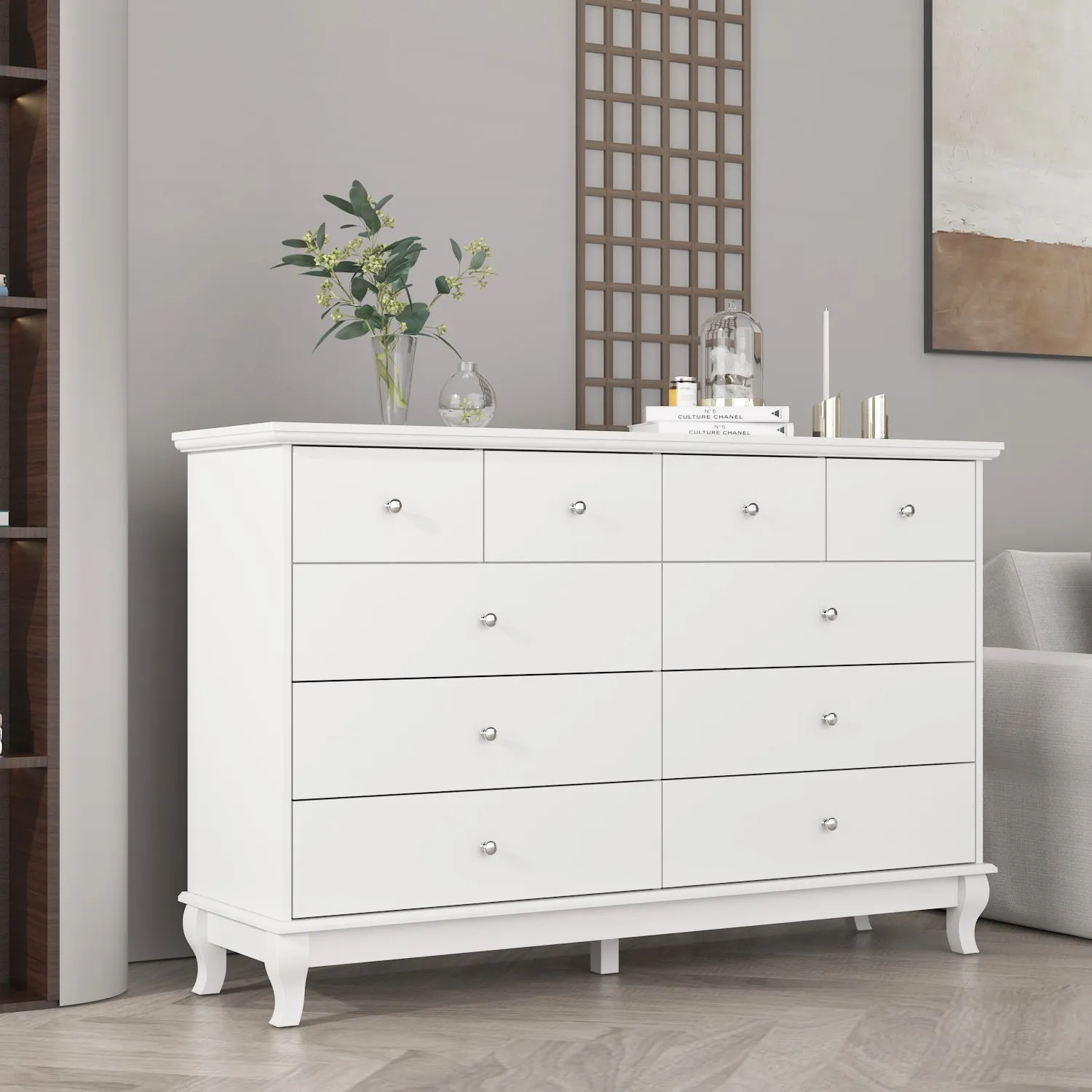 Credenza Storage Cabinet Double Dresser with Drawers & Silver Handle Doors