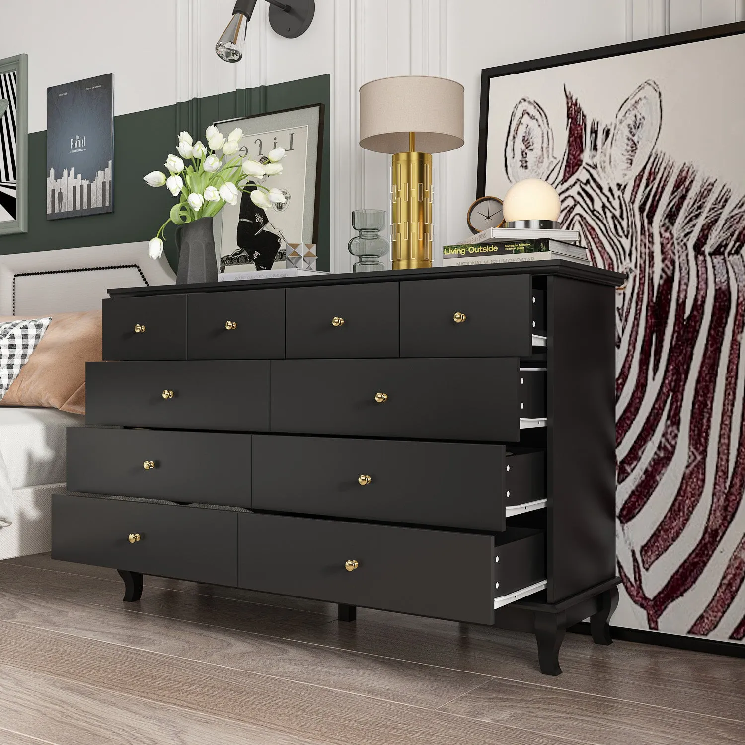 Credenza Storage Cabinet Double Dresser with Drawers & Silver Handle Doors