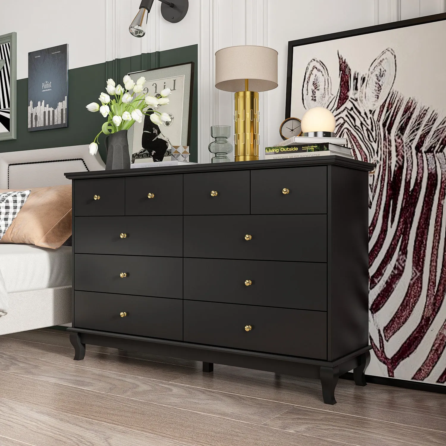 Credenza Storage Cabinet Double Dresser with Drawers & Silver Handle Doors