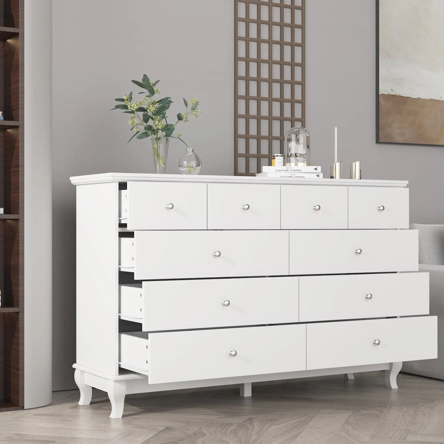 Credenza Storage Cabinet Double Dresser with Drawers & Silver Handle Doors