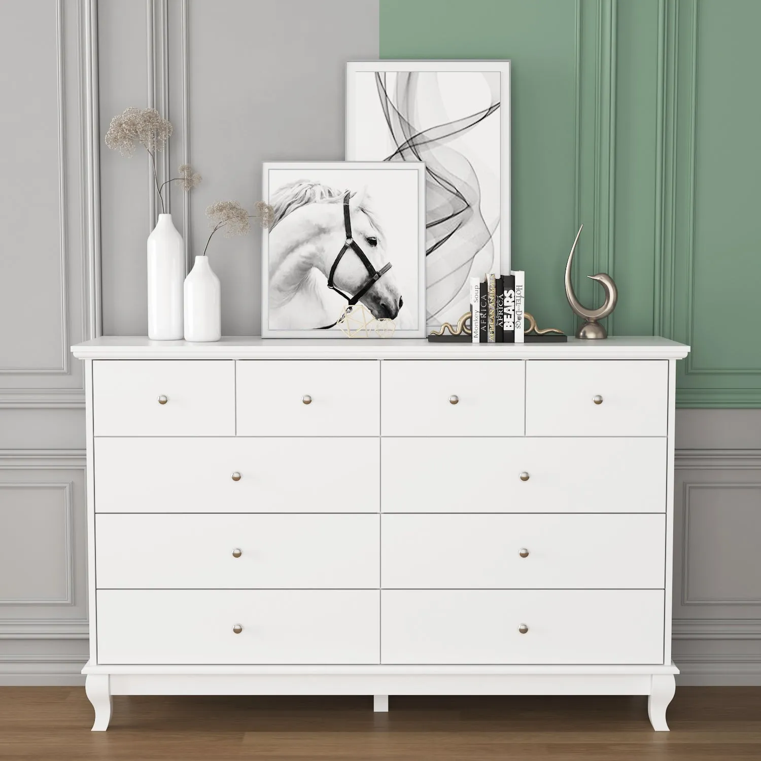 Credenza Storage Cabinet Double Dresser with Drawers & Silver Handle Doors