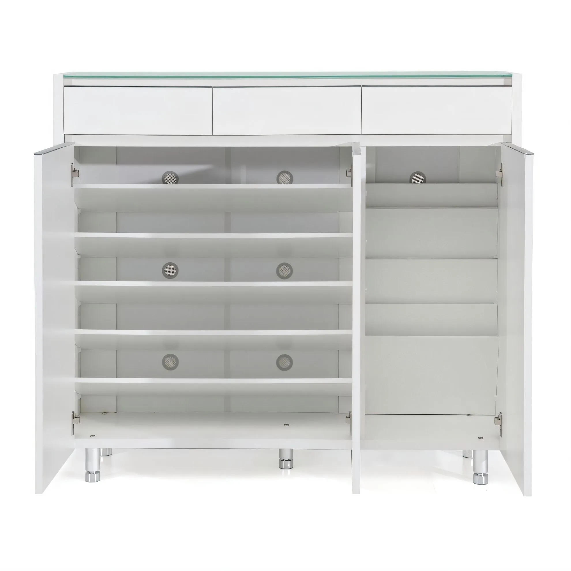 DION Glass Top White 3 Doors Shoe Cabinet