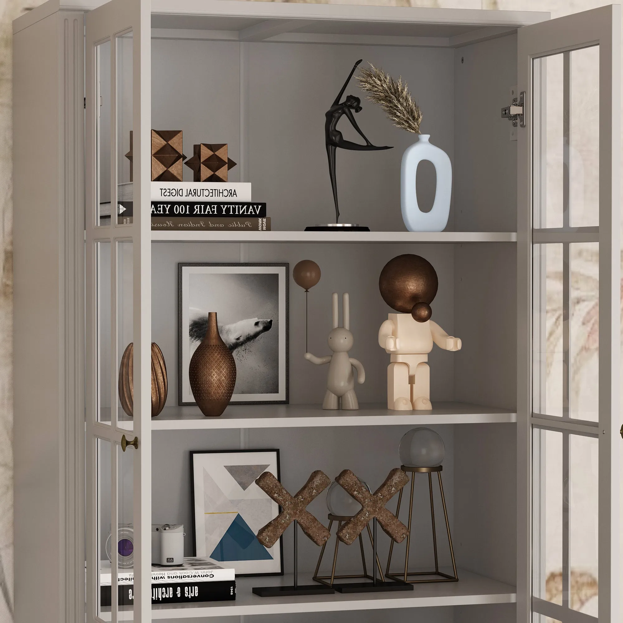 Display Cabinet Bookshelf with 2 Drawers and Glass Doors