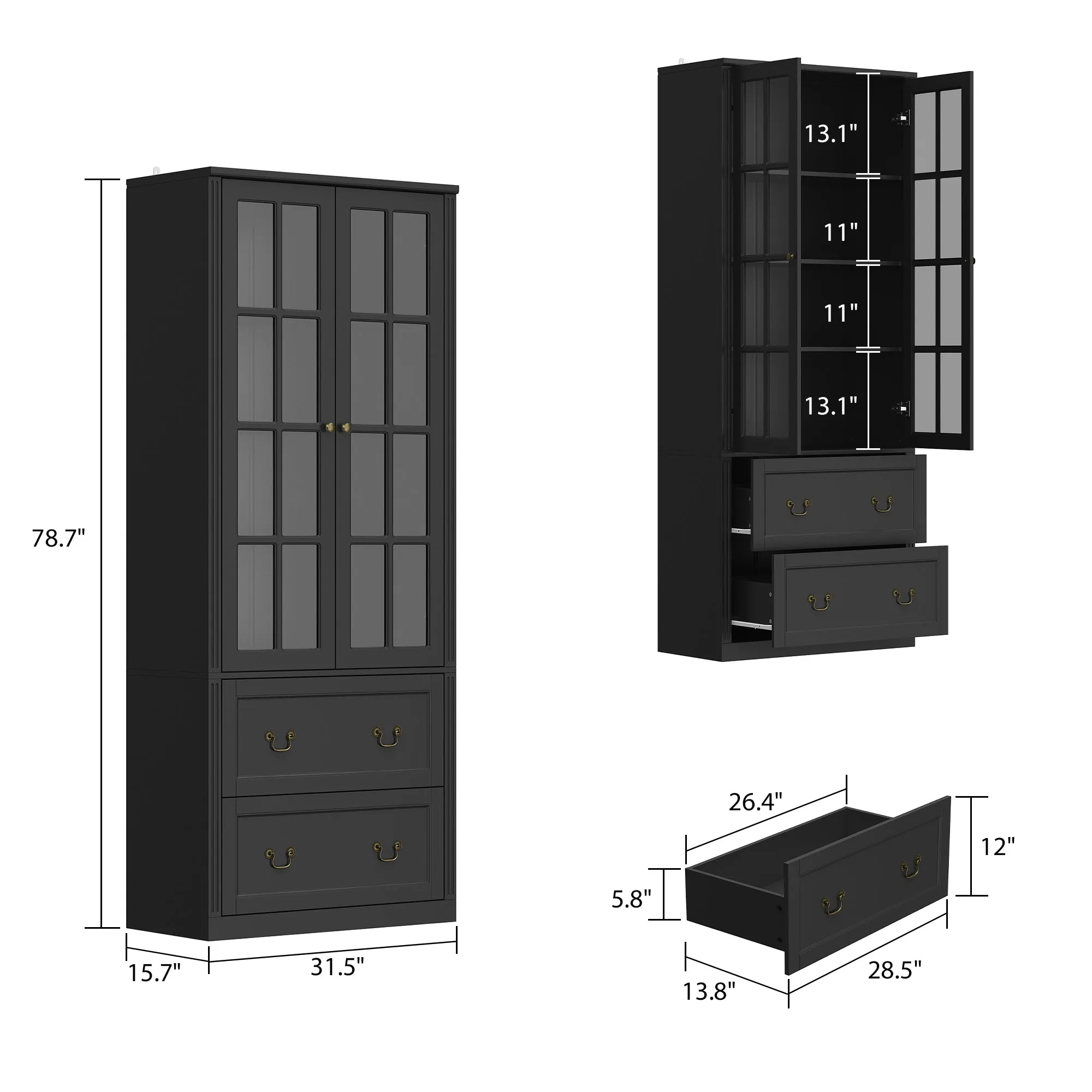 Display Cabinet Bookshelf with 2 Drawers and Glass Doors